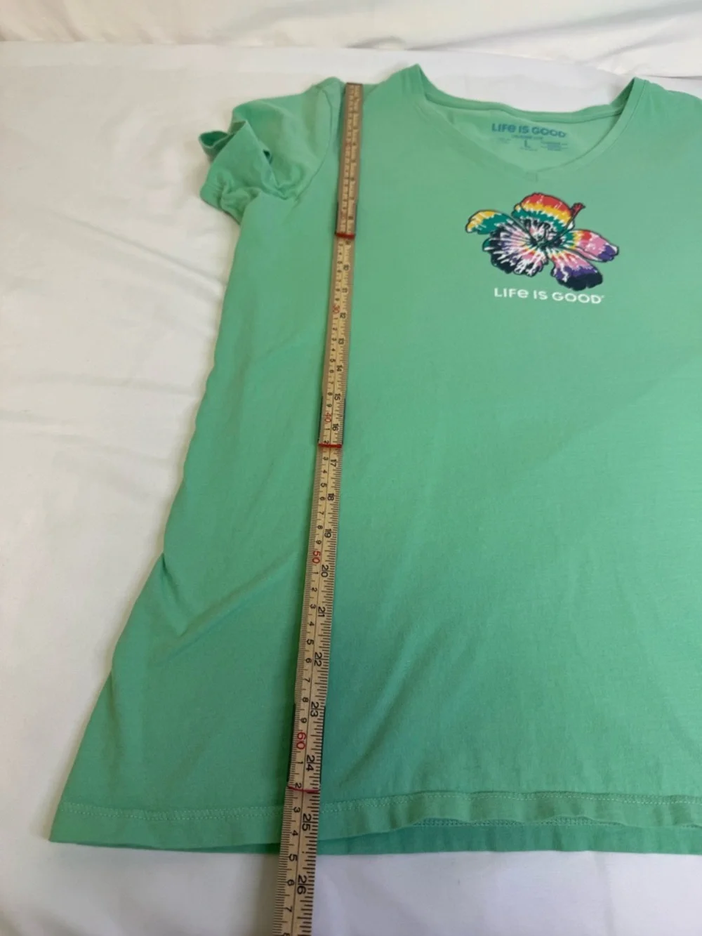 Life Is Good Mint Green V‑Neck Tee with Rainbow Tie‑Dye Hibiscus - Picture 8 of 8